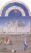 LIMBOURG brothers The medieval Louvre is in the background of the October calendar page (mk05) oil painting